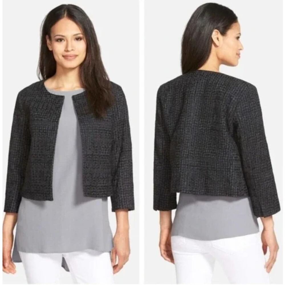 Eileen Fisher Jacket Blazer Size L Embroidered Cotton Lined Pockets Grey Black